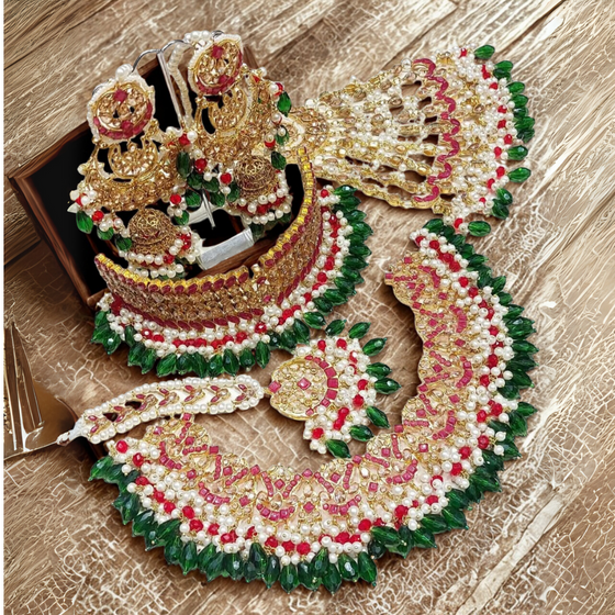 Royal Bridal Jewelry Set – Brass with Pearls, Ruby & Emerald Beads