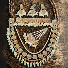  Elegant Gold-Plated Bridal Set with Pearls and Light Green Stones