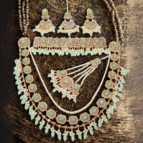 Elegant Gold-Plated Bridal Set with Pearls and Light Green Stones