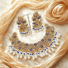  Royal Blue & Pearl Brass Bridal Jewelry Set – Necklace & Earrings