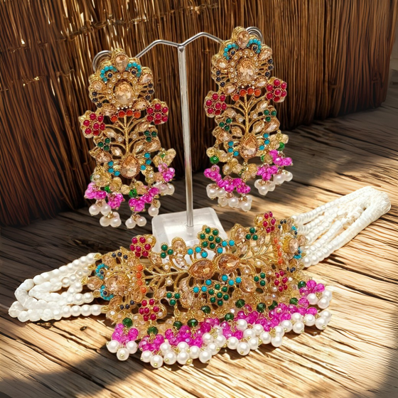 Pakistani Bridal Nauratan Jewelry Set – Choker & Earrings